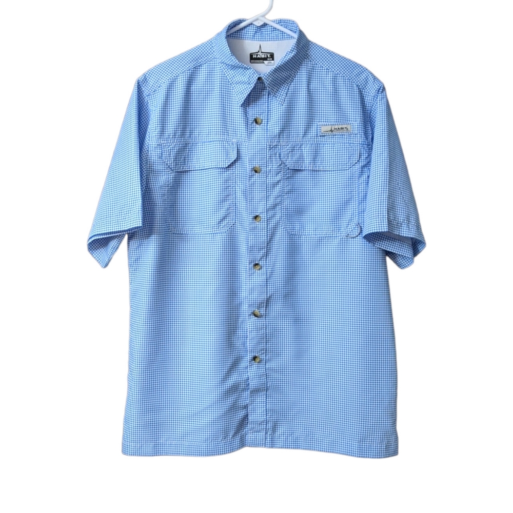 Habitat Men's Short Sleeve Vented Shirt Medium Blue White Gingham Fishing